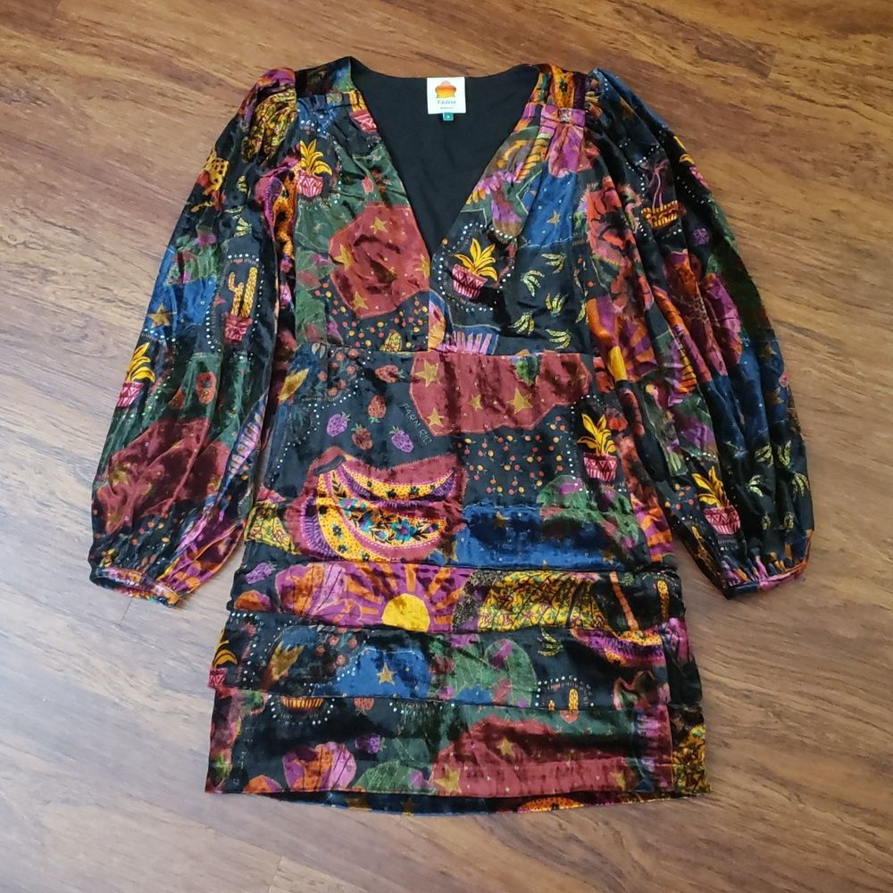 Farm Rio Tropical Ruched Bell Sleeves Velvet Whimsigoth Girly Dress Size Small - Picture 2 of 7